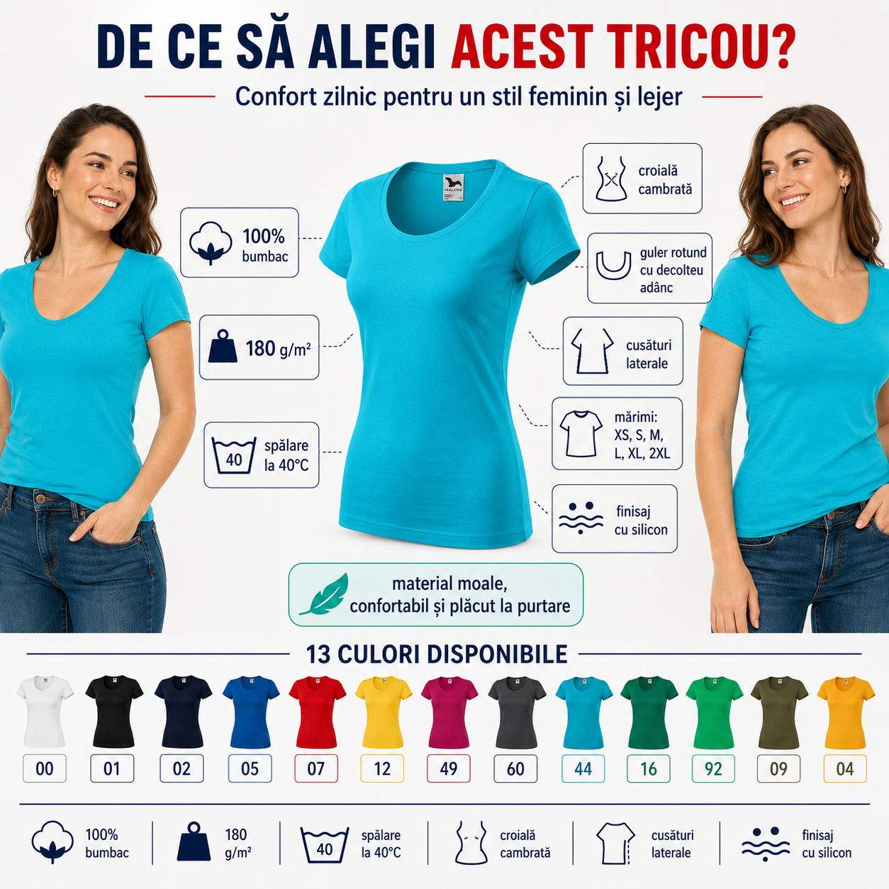 Tricou Damă Malfini Viper 161, 100% bumbac, guler rotund cu decolteu ad&acirc;nc, croială cambrată și 13 nuanțe disponibile